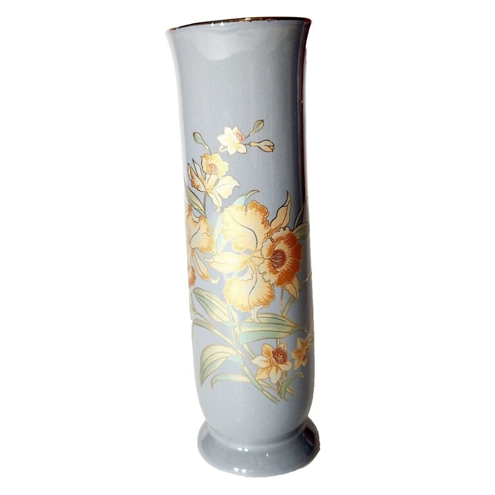 Vtg Floral Bud Vase Blue Gray Japan 6.5in Small Decor Gold Rim Pink Iris